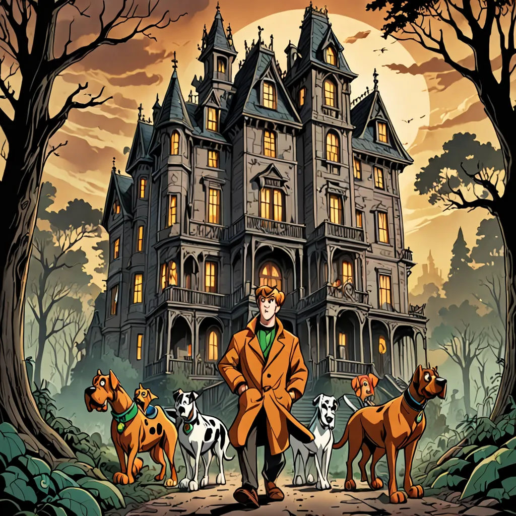 a man in a suit and some dogs in front of a house with a full moon in the background, gothic art, a comic book panel, Cliff Childs, comic cover art