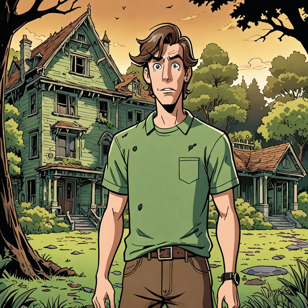 a man standing in front of a house with a creepy look on his face and hands in his pockets, process art, a character portrait, Clark Voorhees, comic cover art