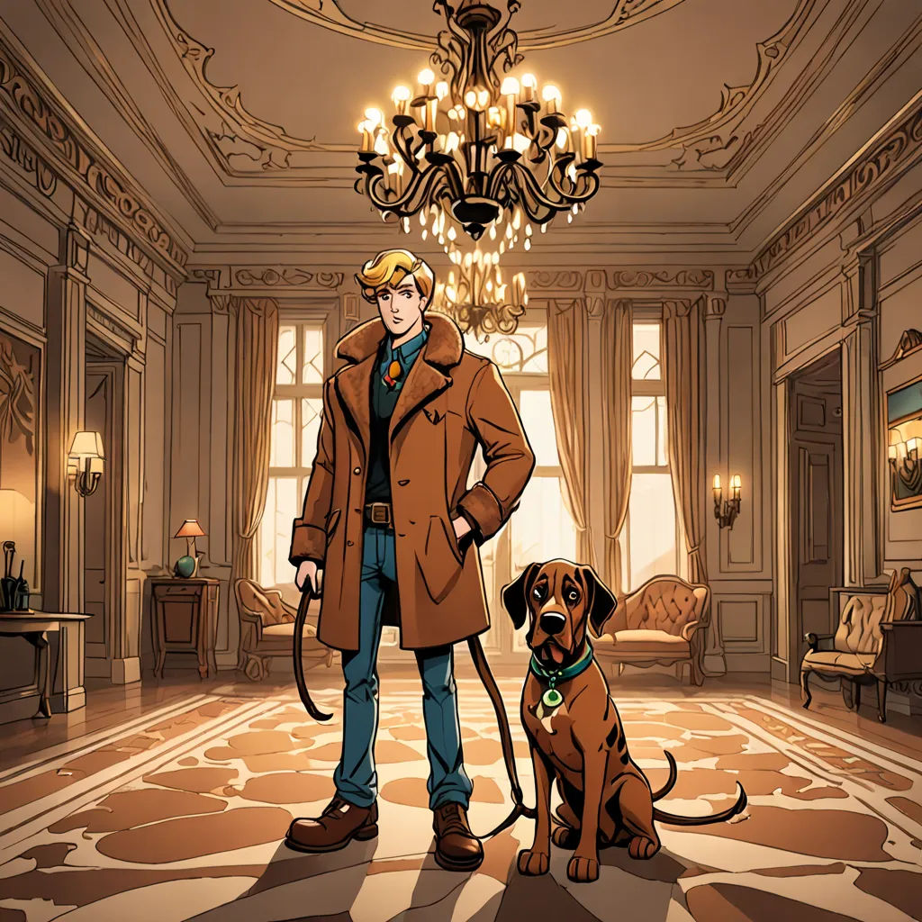 a man standing next to a dog in a room with chandelier and chandeliers on the ceiling, furry art, a comic book panel, Everett Warner, official art