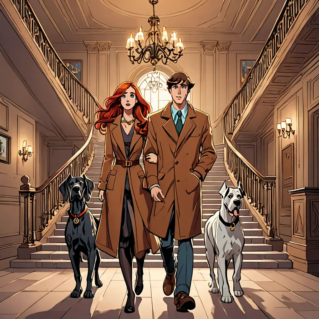 a man and woman walking down a hall with two dogs on leashes next to them and a chandelier, international gothic, a comic book panel, Colin Middleton, comic cover art