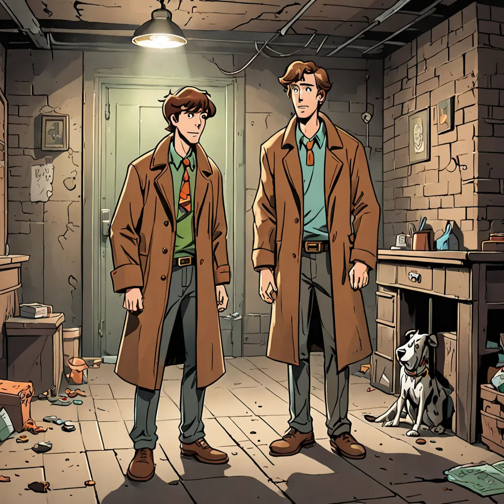 two men standing in a room with a dog on the floor and a fireplace in the background, with a dog sitting on the floor, underground comix, a comic book panel, Brothers Hildebrandt, graphic novel