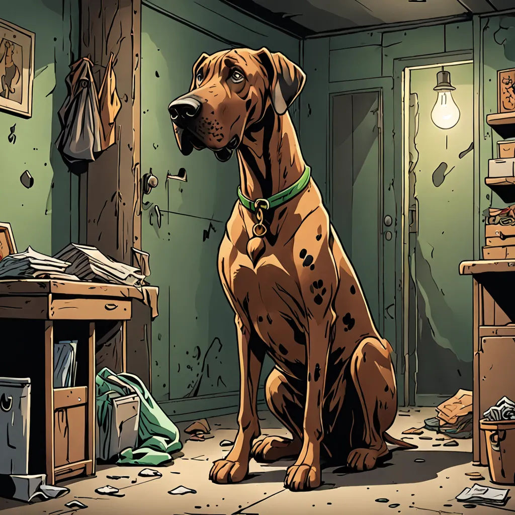 a dog sitting in a messy room with a messy desk and a messy closet behind it, with a messy floor, auto-destructive art, a comic book panel, Chip Zdarsky, comic cover art
