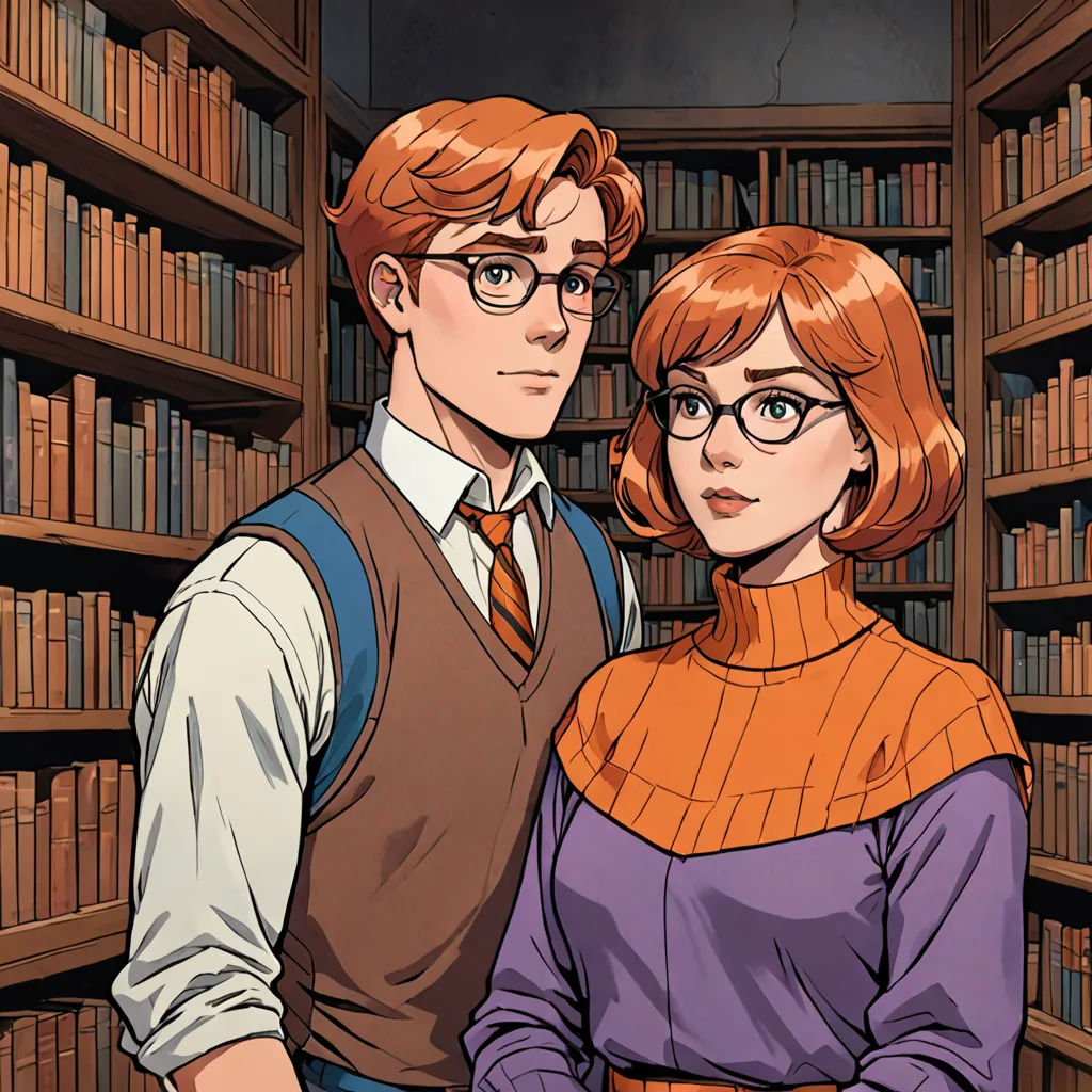 a man and a woman standing in front of a library full of books and bookshelves with bookshelves behind them, international gothic, a comic book panel, Ada Gladys Killins, comic cover art