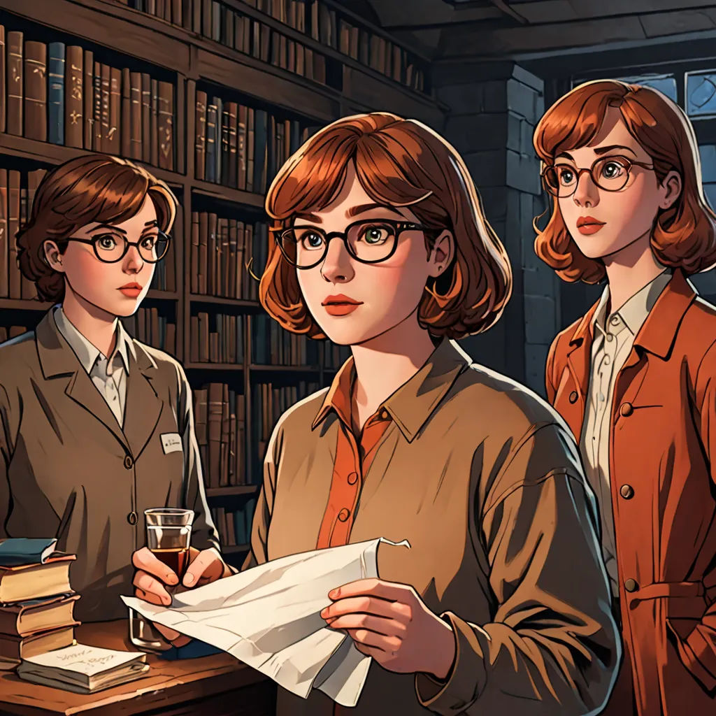 a group of people standing in front of a book shelf filled with books and papers and glasses on top of a table, academic art, a character portrait, Constance Gordon-Cumming, character sheet