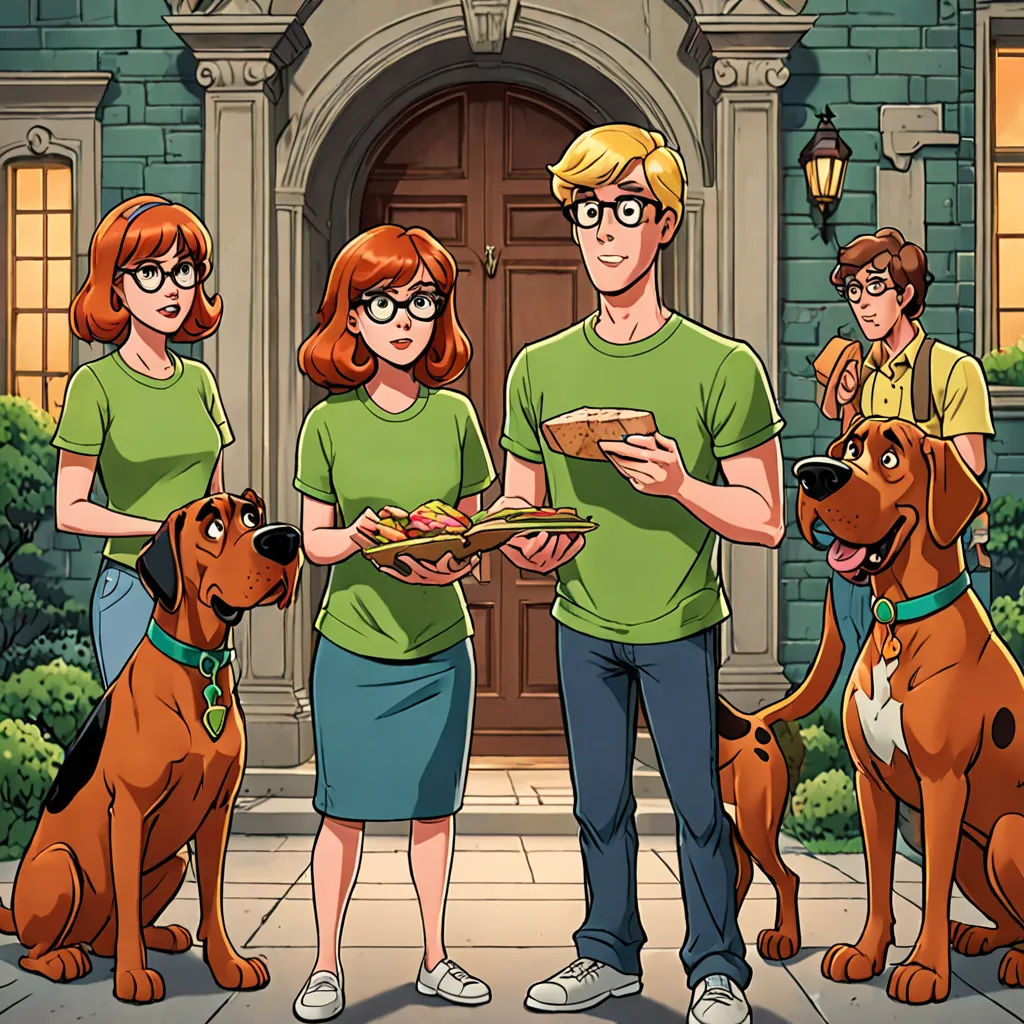 a cartoon of a family with two dogs and a man holding a plate of food in front of a house, optical illusion, a comic book panel, Dean Roger, promotional image