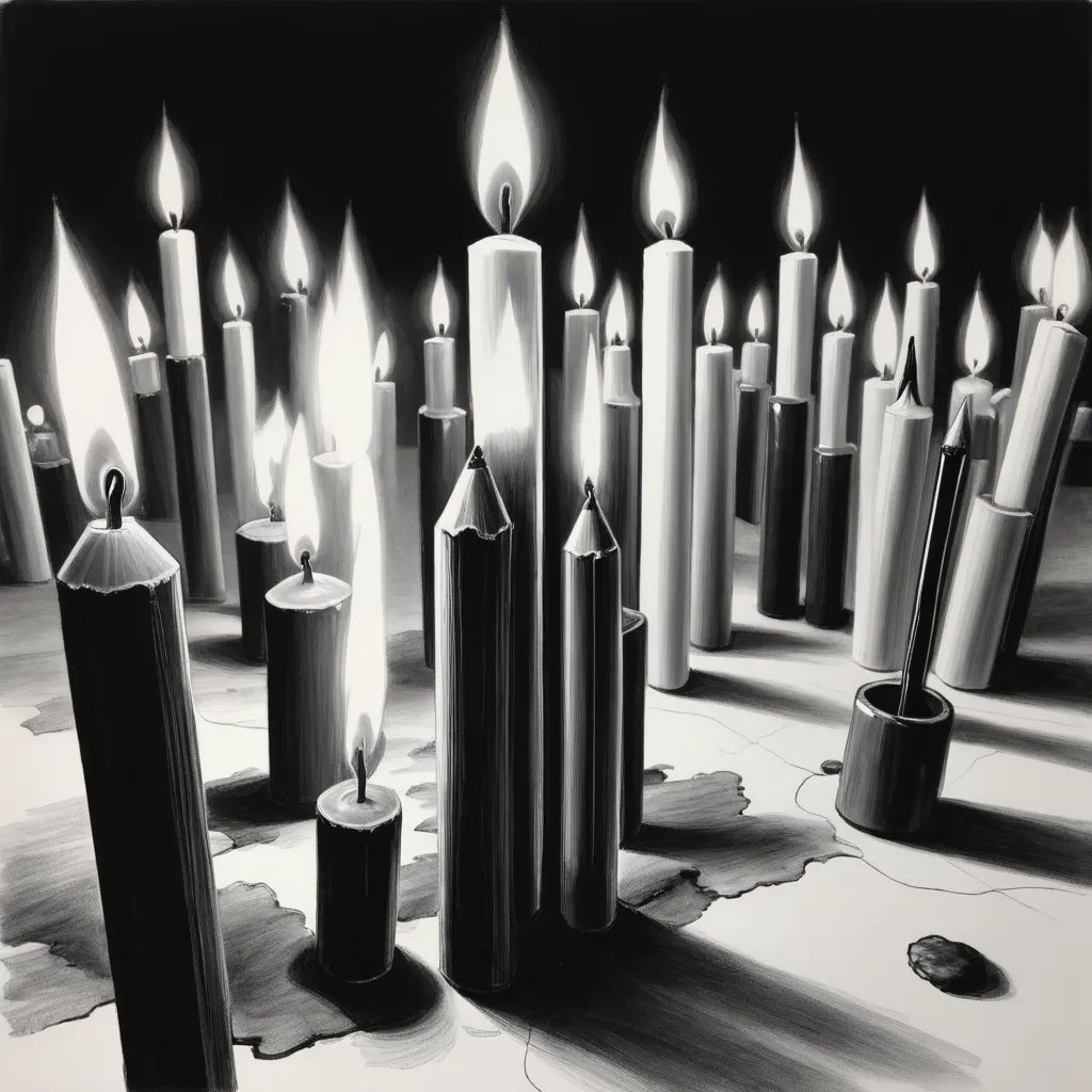 a drawing of a bunch of candles with one lit up and the other lit up with a candle holder, photorealism, a charcoal drawing, Christian W. Staudinger, caustics