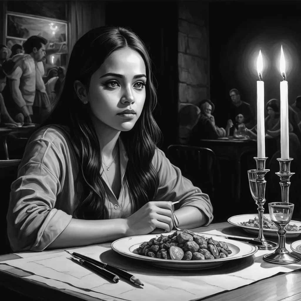 a woman sitting at a table with a plate of food in front of her and a candle in the background, sots art, an ultrafine detailed painting, Dirk Crabeth, ultra realistic illustration