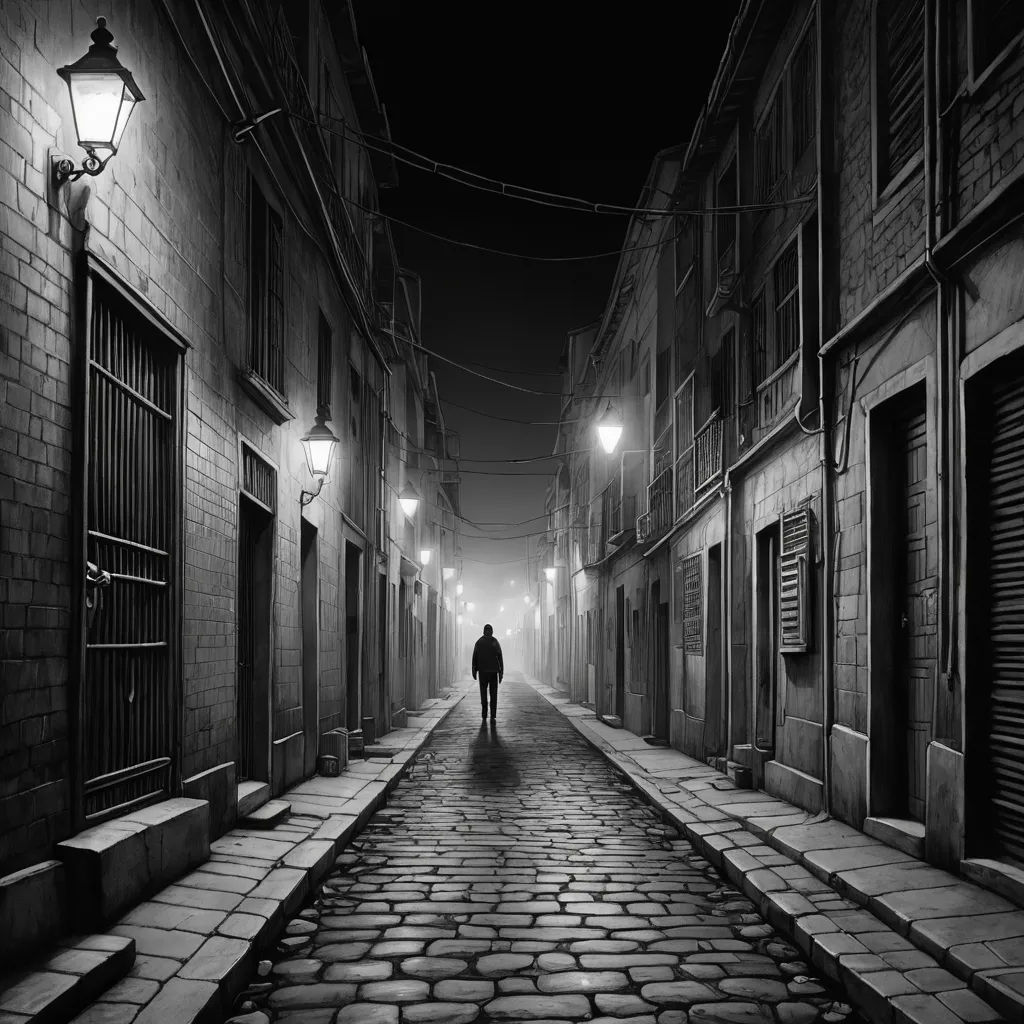 a person walking down a street at night in a dark alley way with a light on the side of the street, modern european ink painting, a matte painting, Dirk Crabeth, noir