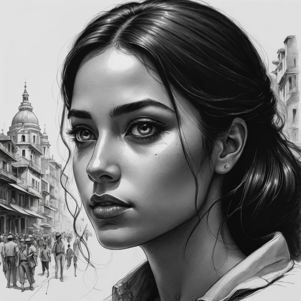 a woman with a ponytail and a black and white photo of a city street with people walking by her, figurative art, an ultrafine detailed painting, Charlie Bowater, stanley artgerm lau