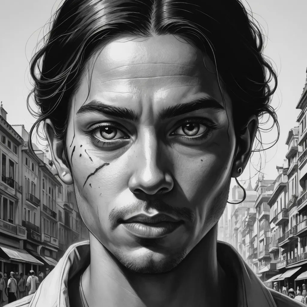 a man with a face painted in black and white, with a city street in the background and a man with a face painted in black and white, photorealism, a character portrait, Cedric Seaut (Keos Masons), epic fantasy character art