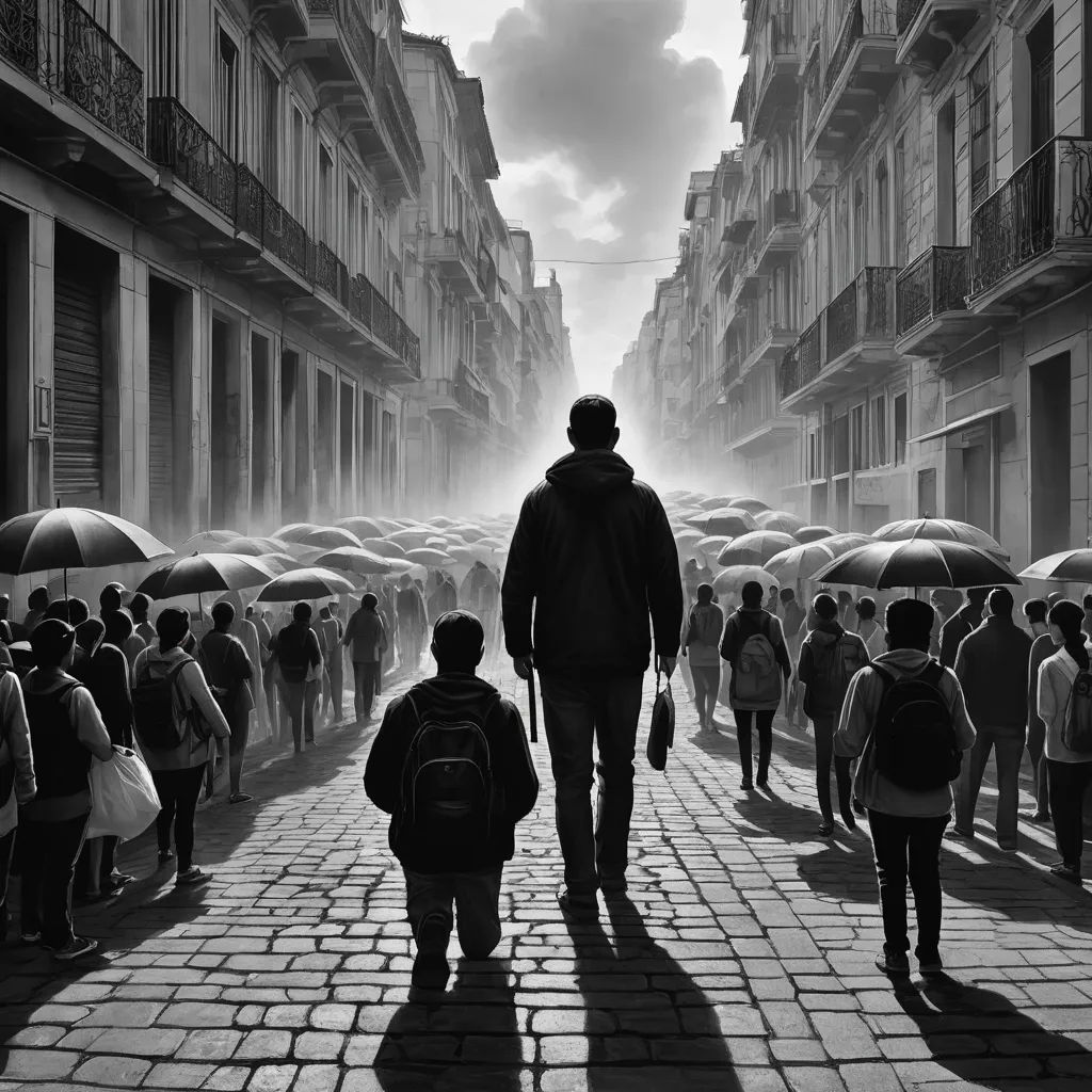 a man and child walking down a street with umbrellas in the air in a city with many people, massurrealism, a photorealistic painting, Eric Zener, cinematic photography