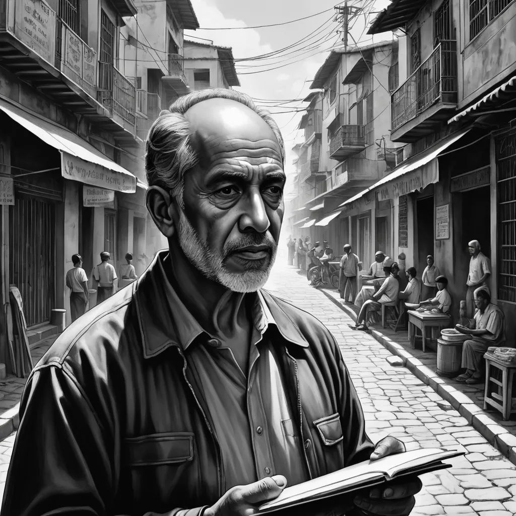 a man holding a book in his hands while standing on a street with people sitting on the sidewalk behind him, figurative art, a character portrait, David Palumbo, character portrait