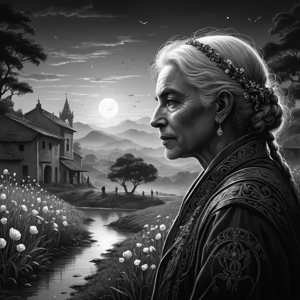 a woman in a black and white photo with a house in the background and a river running through it, fantasy art, an ultrafine detailed painting, Donato Giancola, solarpunk