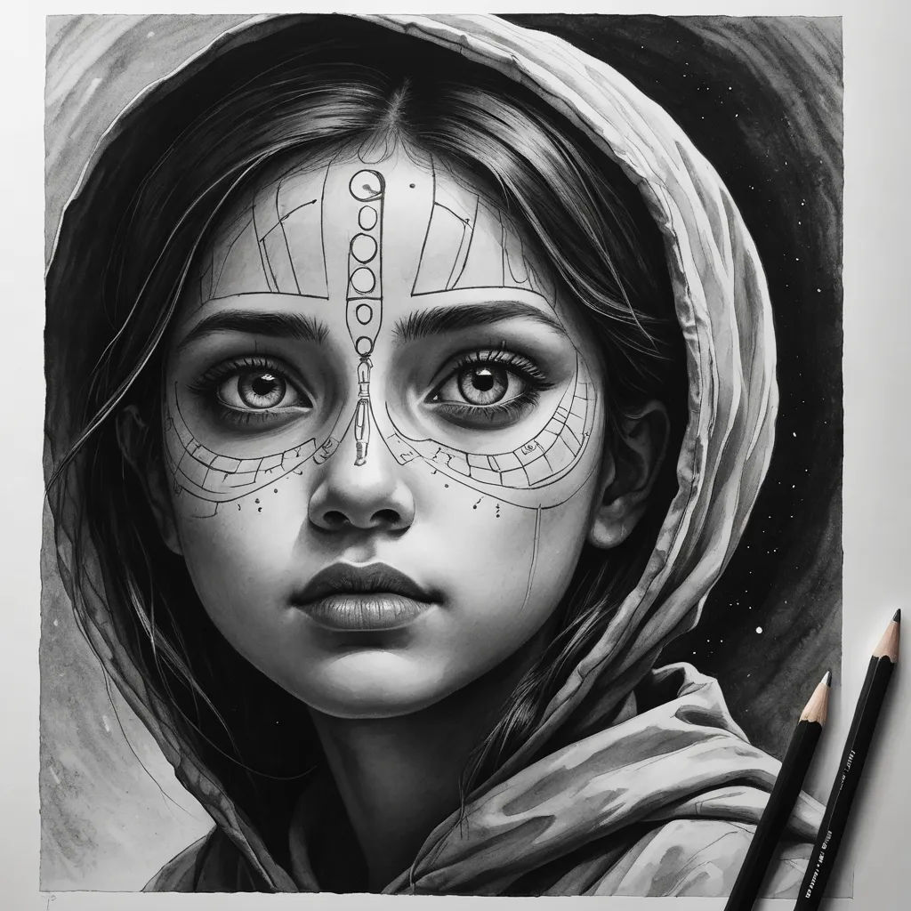 a drawing of a girl with a skull face paint on it's face and a pencil in her hand, photorealism, a detailed drawing, Brad Kunkle, detailed drawing
