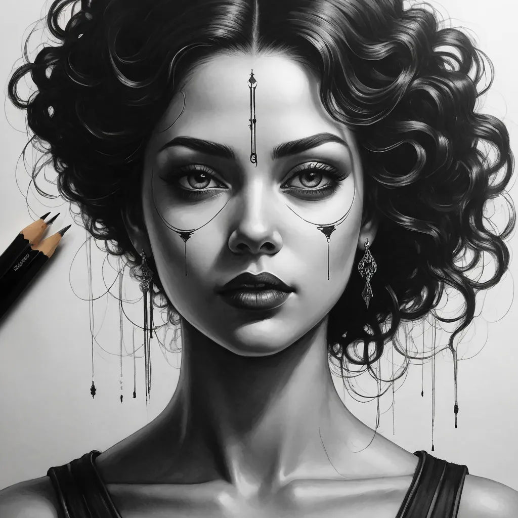 a drawing of a woman with a black and white background and a pencil drawing of a woman's face, gothic art, an ultrafine detailed painting, Charlie Bowater, highly detailed digital painting