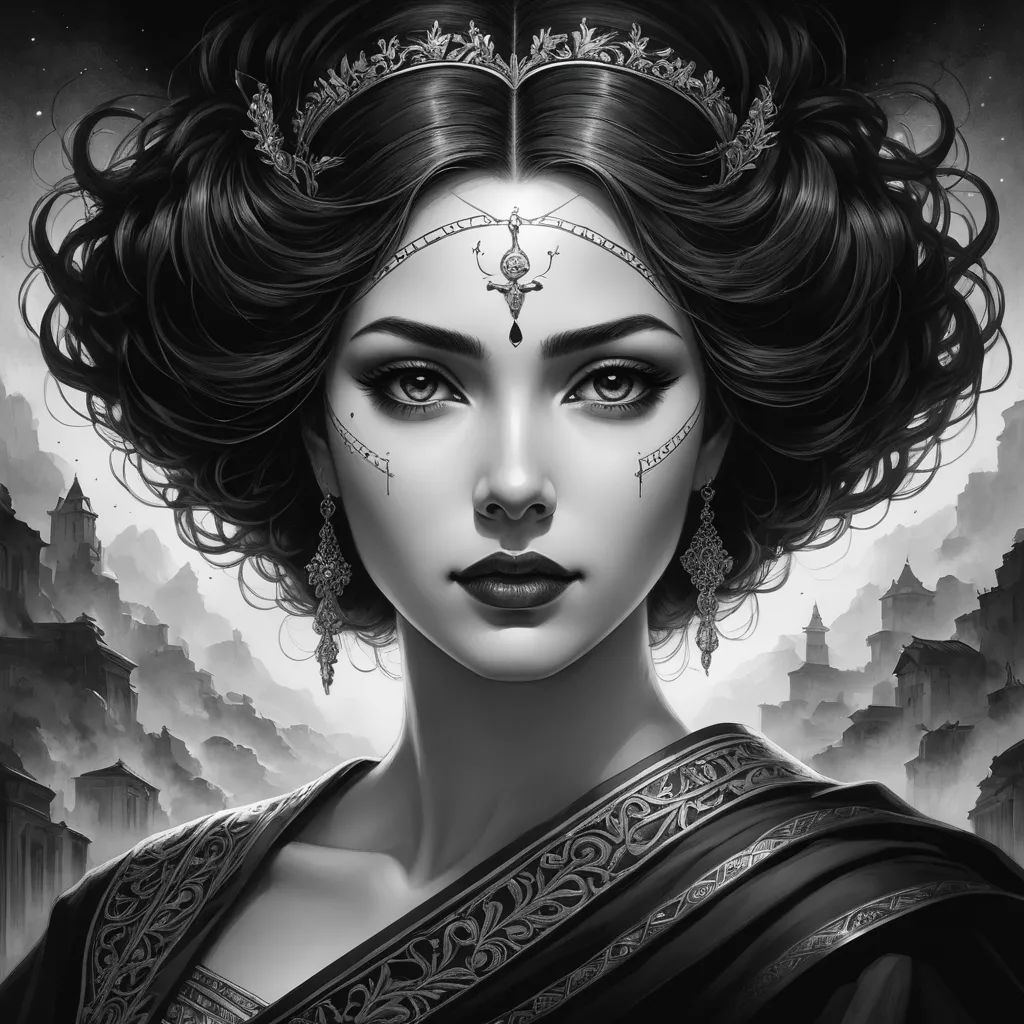 a woman with a crown on her head and a black and white background with a sky background and clouds, gothic art, an ultrafine detailed painting, Charlie Bowater, highly detailed digital painting