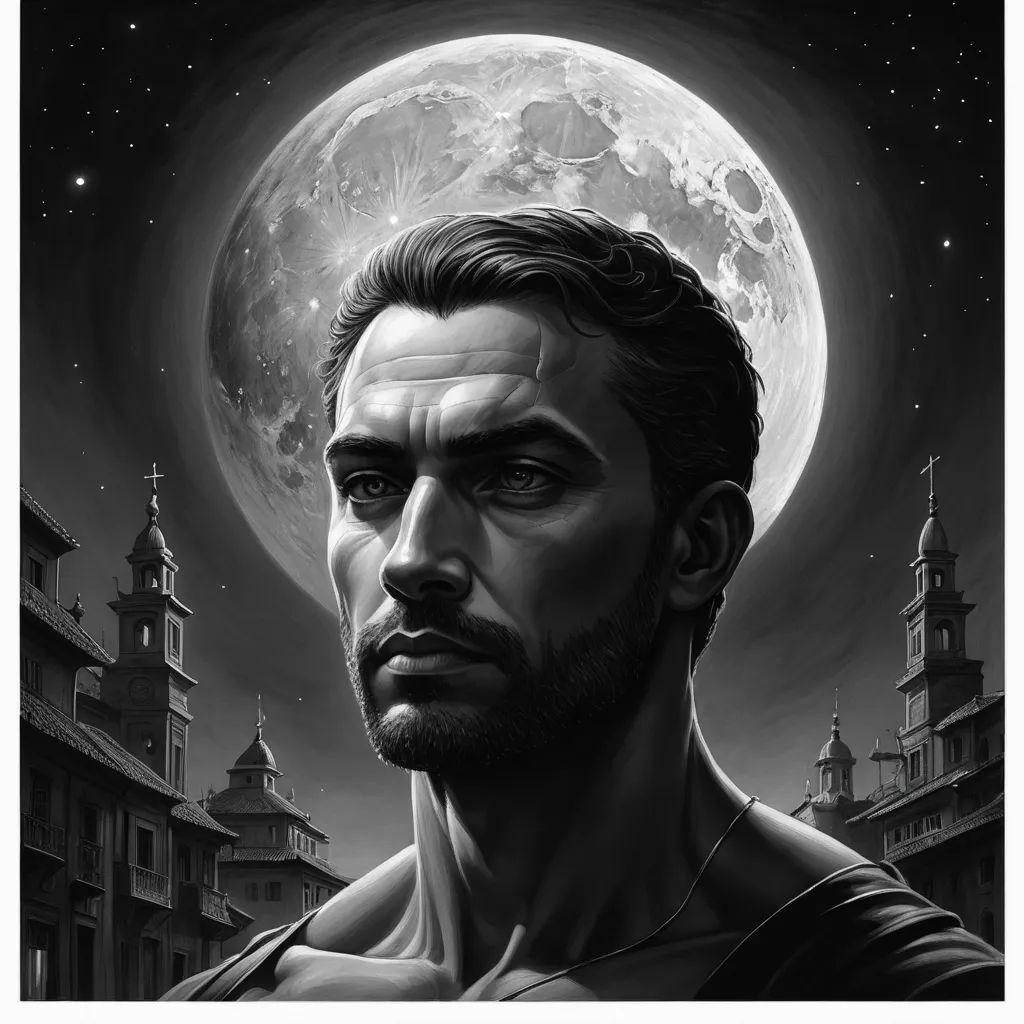 a man with a beard and a full moon in the background is shown in this black and white painting, renaissance, an ultrafine detailed painting, Eddie Mendoza, fantasy character portrait