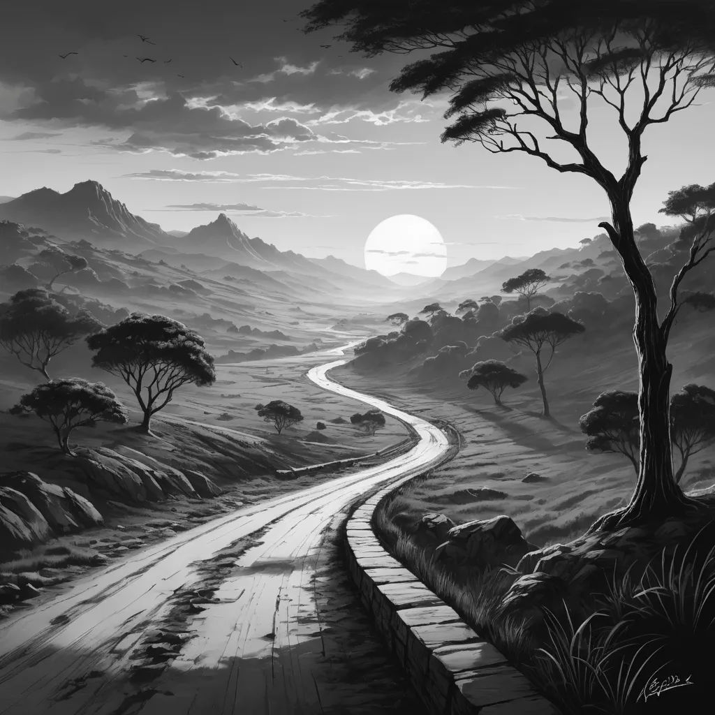a black and white painting of a road going through a mountain range with a sun setting in the distance, fantasy art, a detailed matte painting, Cyril Rolando, cinematic matte painting