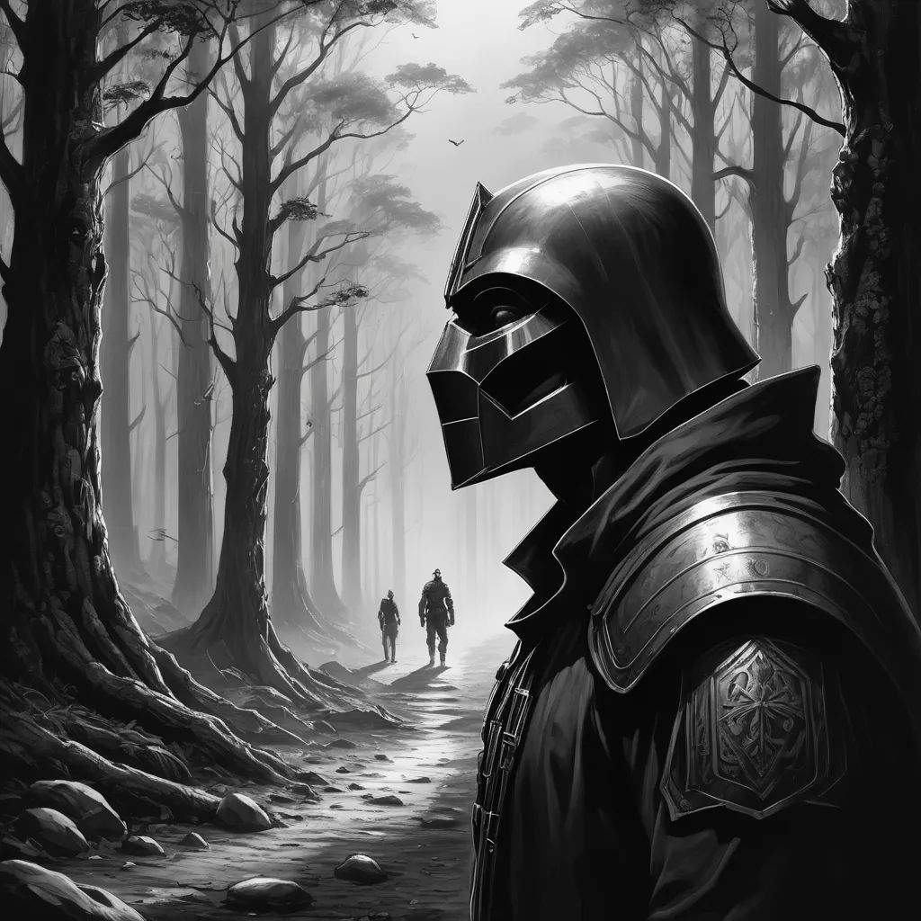 a man in a helmet and armor walking through a forest with a person in the distance on a path, fantasy art, an ultrafine detailed painting, Dan Mumford, magic the gathering artwork