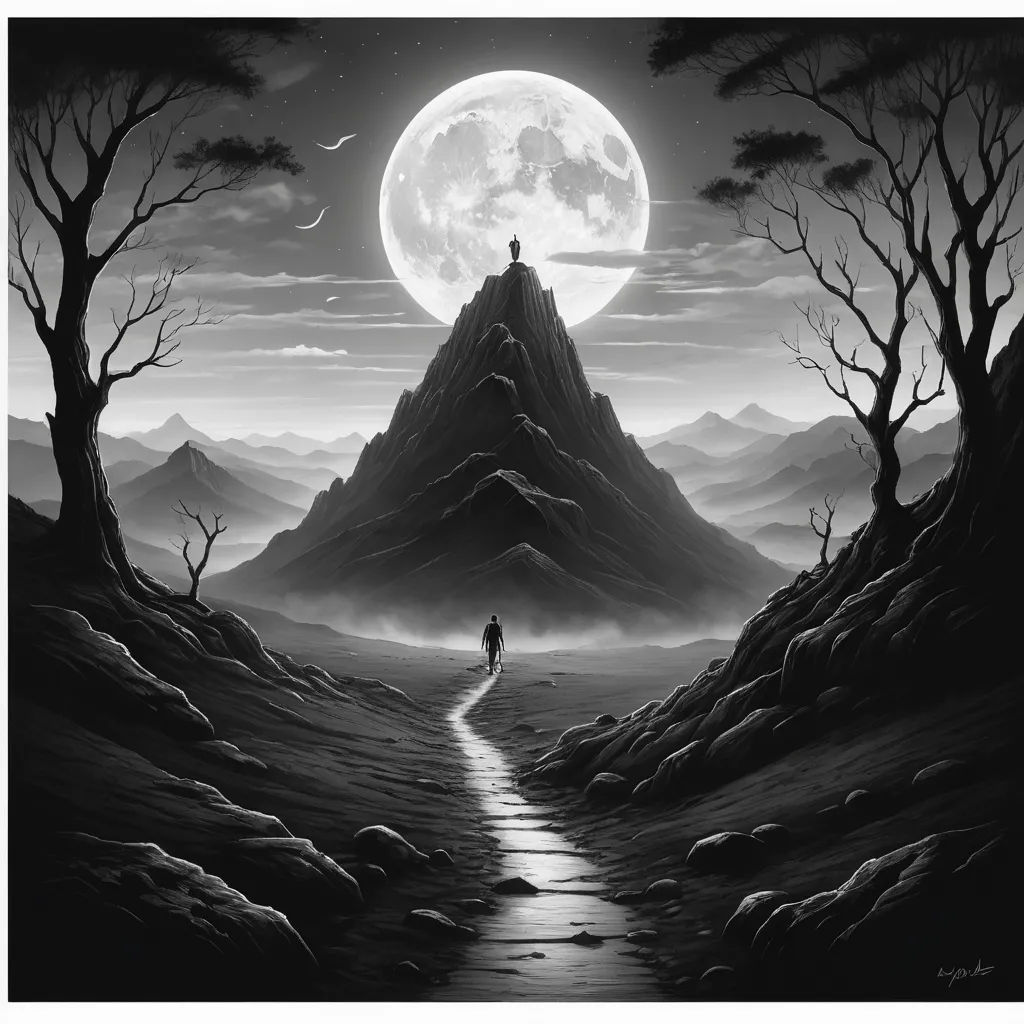 a man standing on a path in the middle of a forest under a full moon sky with a mountain in the background, gothic art, a detailed matte painting, Dan Mumford, dark fantasy art