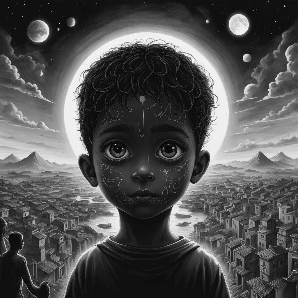 a boy with a face painted in black and white with a full moon in the background and a city below, afrofuturism, a detailed drawing, Ella Guru, highly detailed digital art