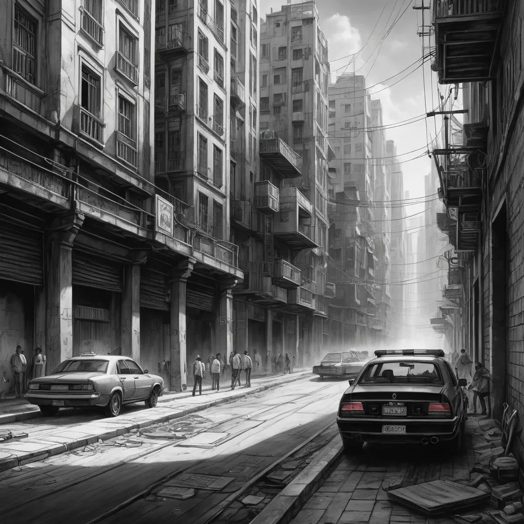 a black and white photo of a city street with cars parked on the side of the street and people walking on the sidewalk, photorealism, a detailed matte painting, Dirk Crabeth, matte painting concept art