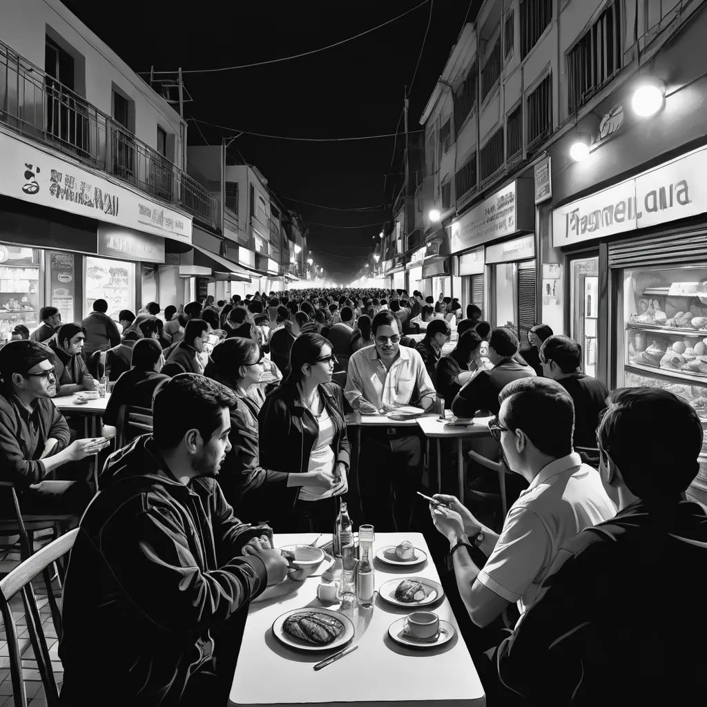 a group of people sitting at a table in a restaurant eating food and drinking beverages in front of a store, art photography, a black and white photo, Diego Gisbert Llorens, award-winning photograph