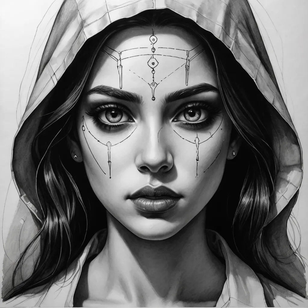 a drawing of a woman with a hood on her head and a veil over her head, with a drawing of a woman's face and a grid on her forehead, fantasy art, a detailed drawing, Artgerm, stanley artgerm lau