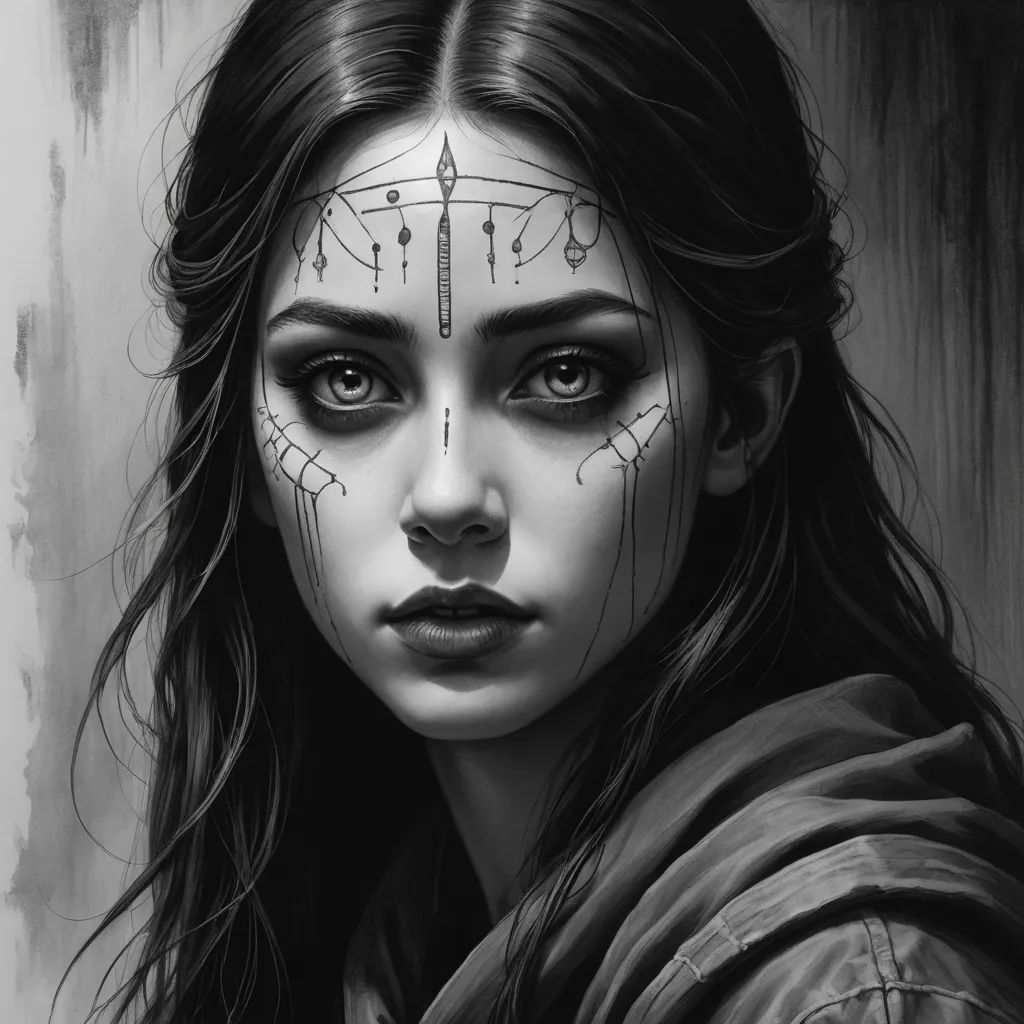 a woman with a face painted with a clock on her face and arrows on her forehead, and a black and white background, fantasy art, an ultrafine detailed painting, Charlie Bowater, highly detailed digital painting