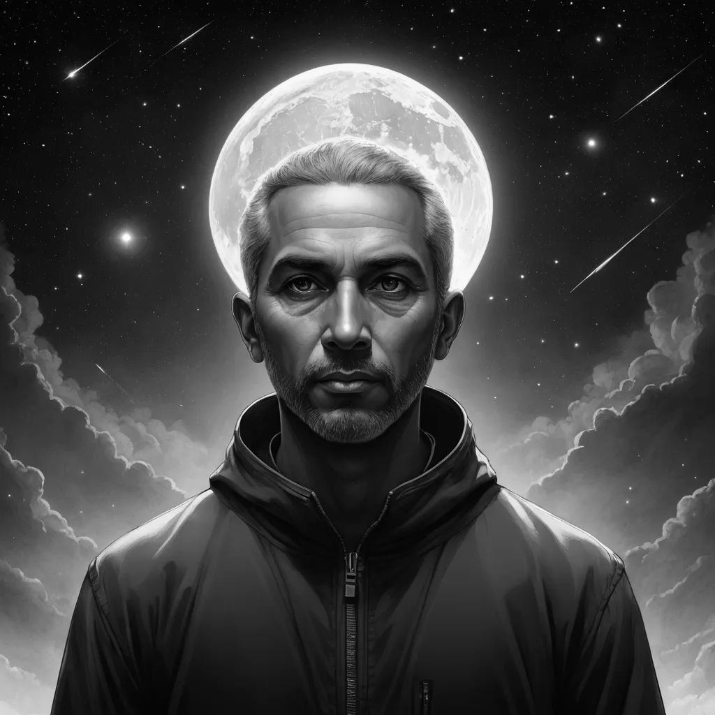 a man with a full moon in the background and stars in the sky above him, with a full moon in the background, space art, an ultrafine detailed painting, Cliff Childs, behance hd