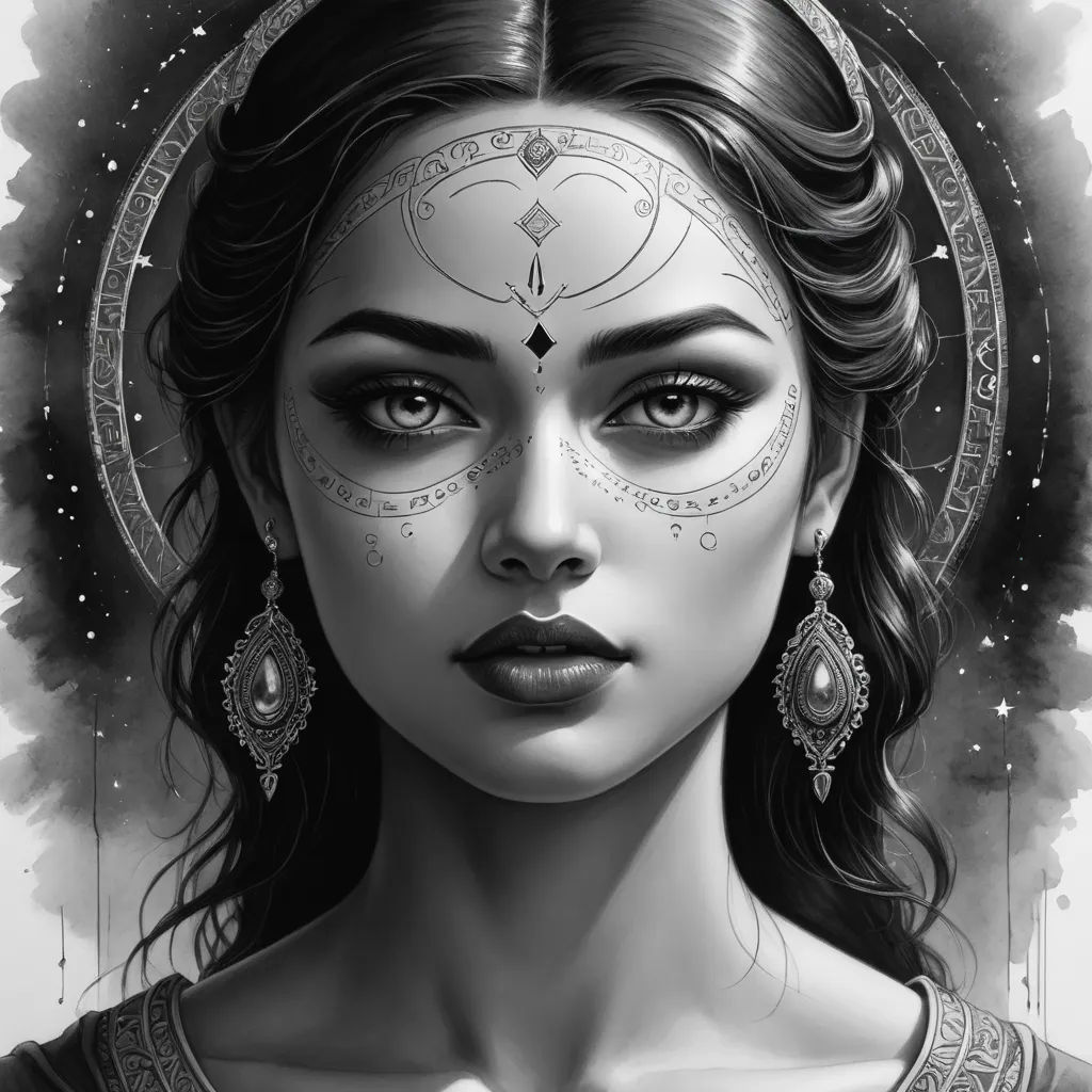 a woman with a face painted in black and white, with a crescent above her head and a star above her head, fantasy art, an ultrafine detailed painting, Charlie Bowater, highly detailed digital painting