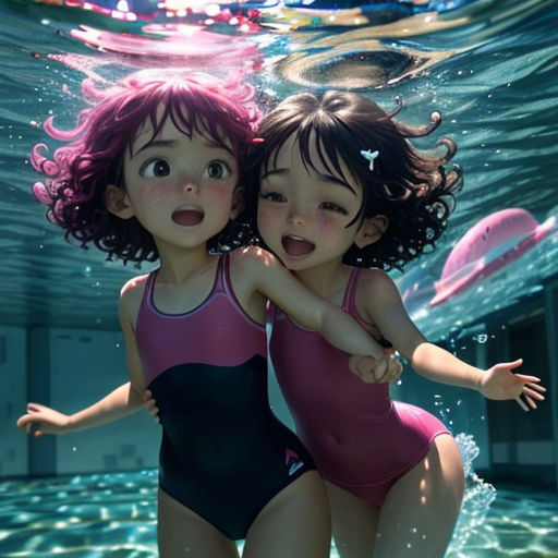 two girls in swimsuits are swimming under water in a pool with a pink and black one piece