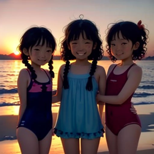 three girls standing on the beach at sunset wearing swimsuits and smiling at the camera with the sun setting behind them