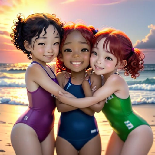 three girls in bathing suits hugging on the beach at sunset with the sun setting behind them and the ocean in the background