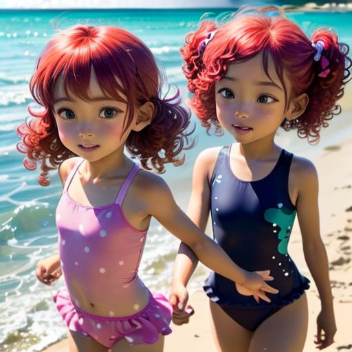 two little girls walking on the beach in bathing suits and holding hands with each other, with the ocean in the background