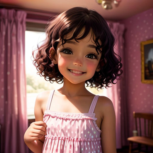 a little girl with a pink dress and a pink polka dot dress standing in a pink room with a pink wall