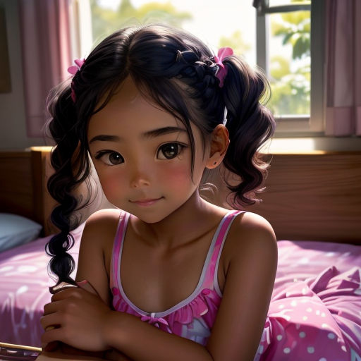 a little girl sitting on a bed with a laptop computer in her hand and a pink polka dot dress