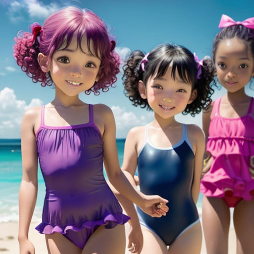 three girls in bathing suits on the beach with a blue sky in the background and a blue sky in the foreground