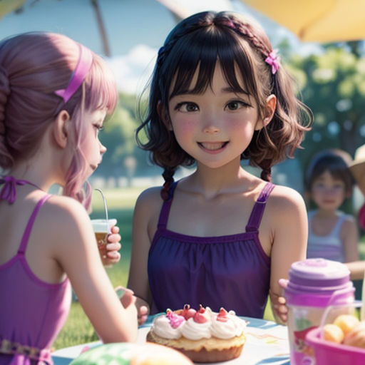 two little girls sitting at a table with a cake and cupcakes on it, and a woman standing next to them