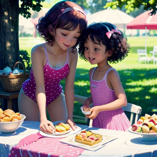 two little girls standing next to each other at a table with food on it and plates of food on the table