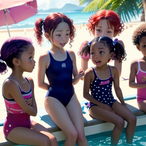 a group of young girls sitting next to each other in a pool of water with a pink umbrella in the background