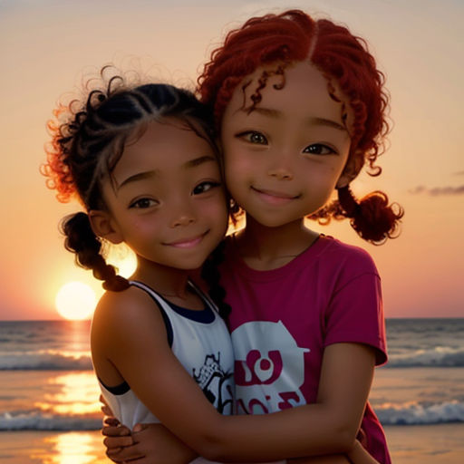 two young girls hugging each other on the beach at sunset with the sun setting in the background and the ocean in the foreground