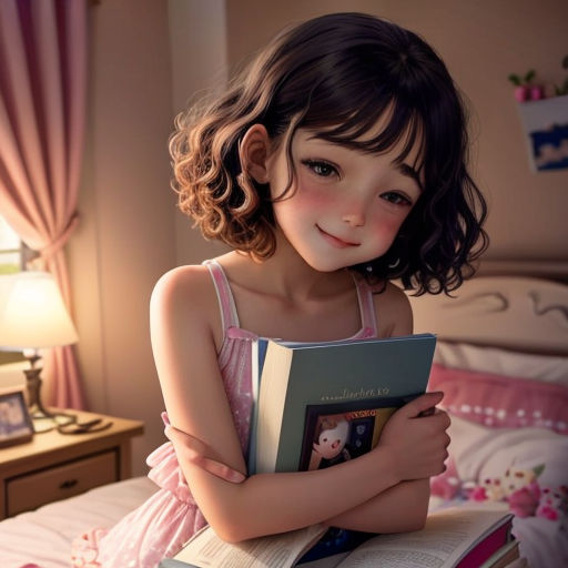 a little girl is reading a book on her bed in a bedroom with pink curtains and a pink bed spread