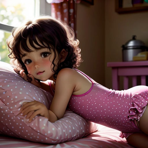 a little girl laying on a bed with a pillow in her hand and a window behind her, with a pink polka dot dress