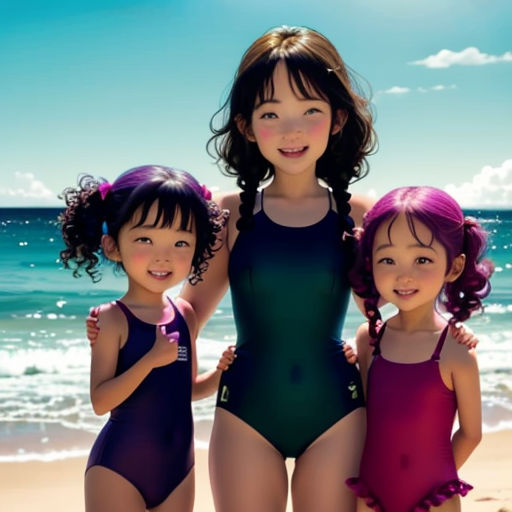three girls in swimsuits standing on the beach with the ocean in the background and a blue sky
