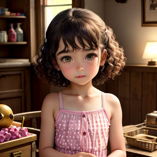 a little girl with curly hair and a pink dress is standing in a room with a toy chest and a lamp