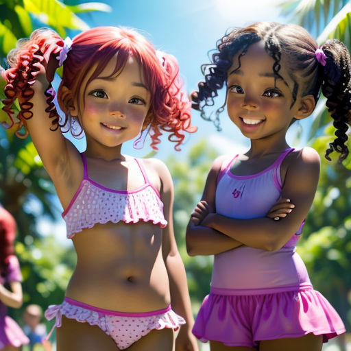 two young girls in swimsuits standing next to each other in a park with palm trees and blue sky