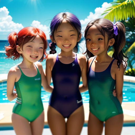 three girls in swimsuits standing next to a pool with a palm tree in the background and a blue sky
