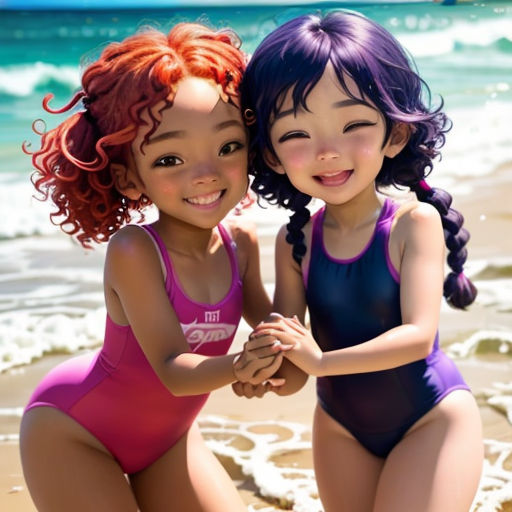 two girls in swimsuits on the beach with their hands together and smiling at the camera, with the ocean in the background
