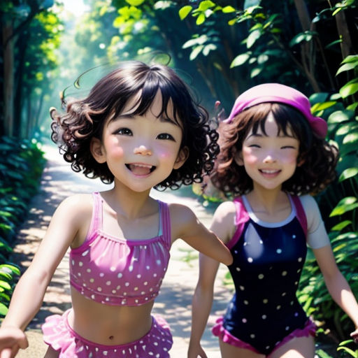 two young girls in bathing suits walking down a path in the woods together, one of them is wearing a pink and blue polka dot bathing suit